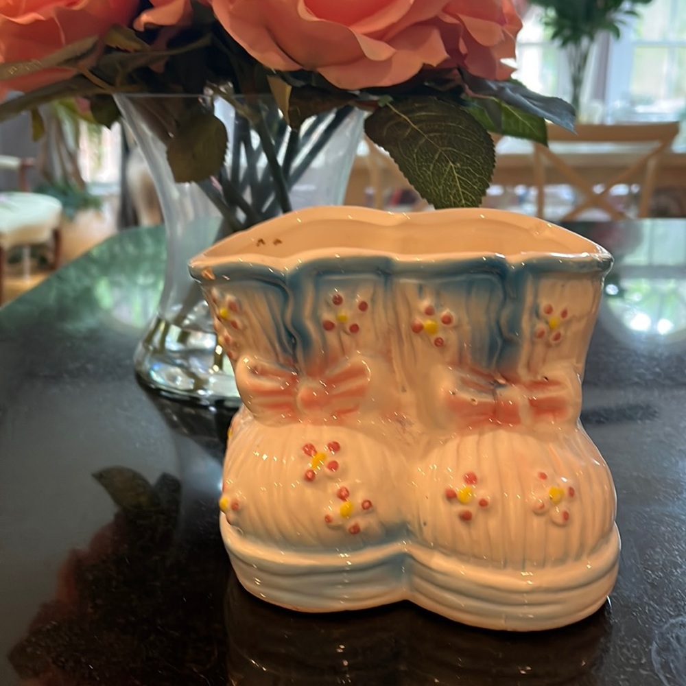 Vintage Pink Blue Infant Baby Shoes Booties Ceramic Plant Planter
